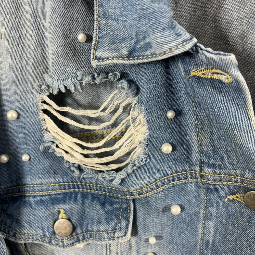 Free People Light Blue Pearl-Embellished Distressed Denim Jacket - Picture 6 of 8
